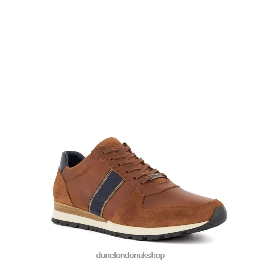 Stripe-Detail Leather Trainers Men N4BBPB707 Dune London Treck Dark Tan - Click Image to Close