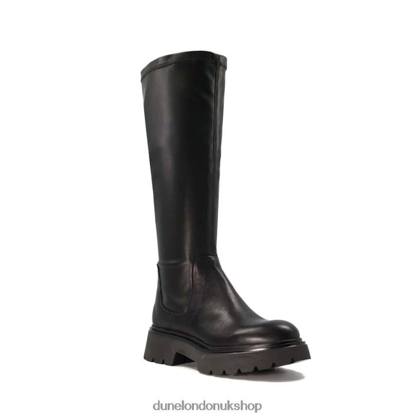 Elasticated Leather Knee-High Boots Women N4BBPB285 Dune London Tilt Black - Click Image to Close